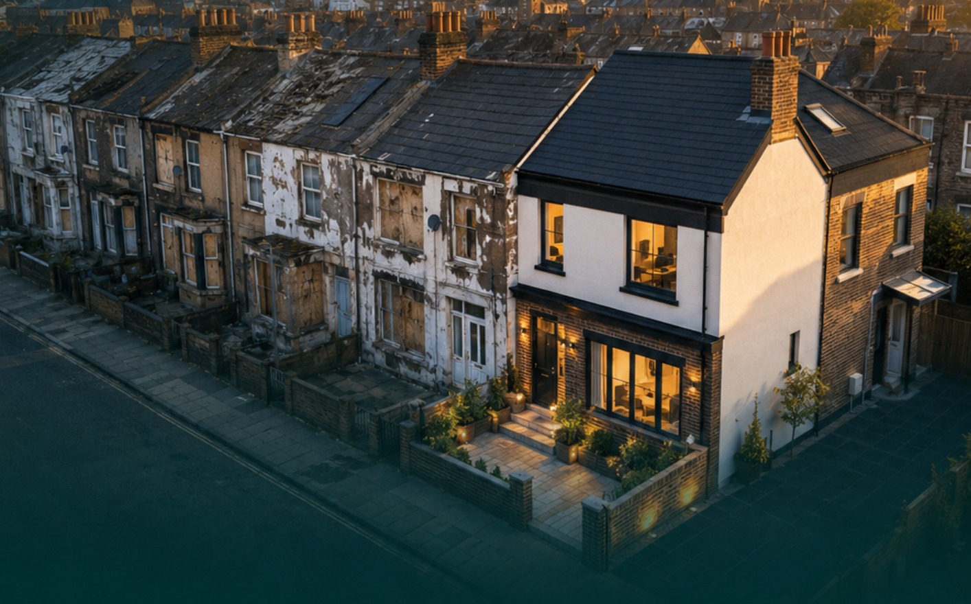 A renovated terraced house at golden hour, illustrating the kind of UK property GLOBOLOCO Finance helps landlords and investors release equity from
